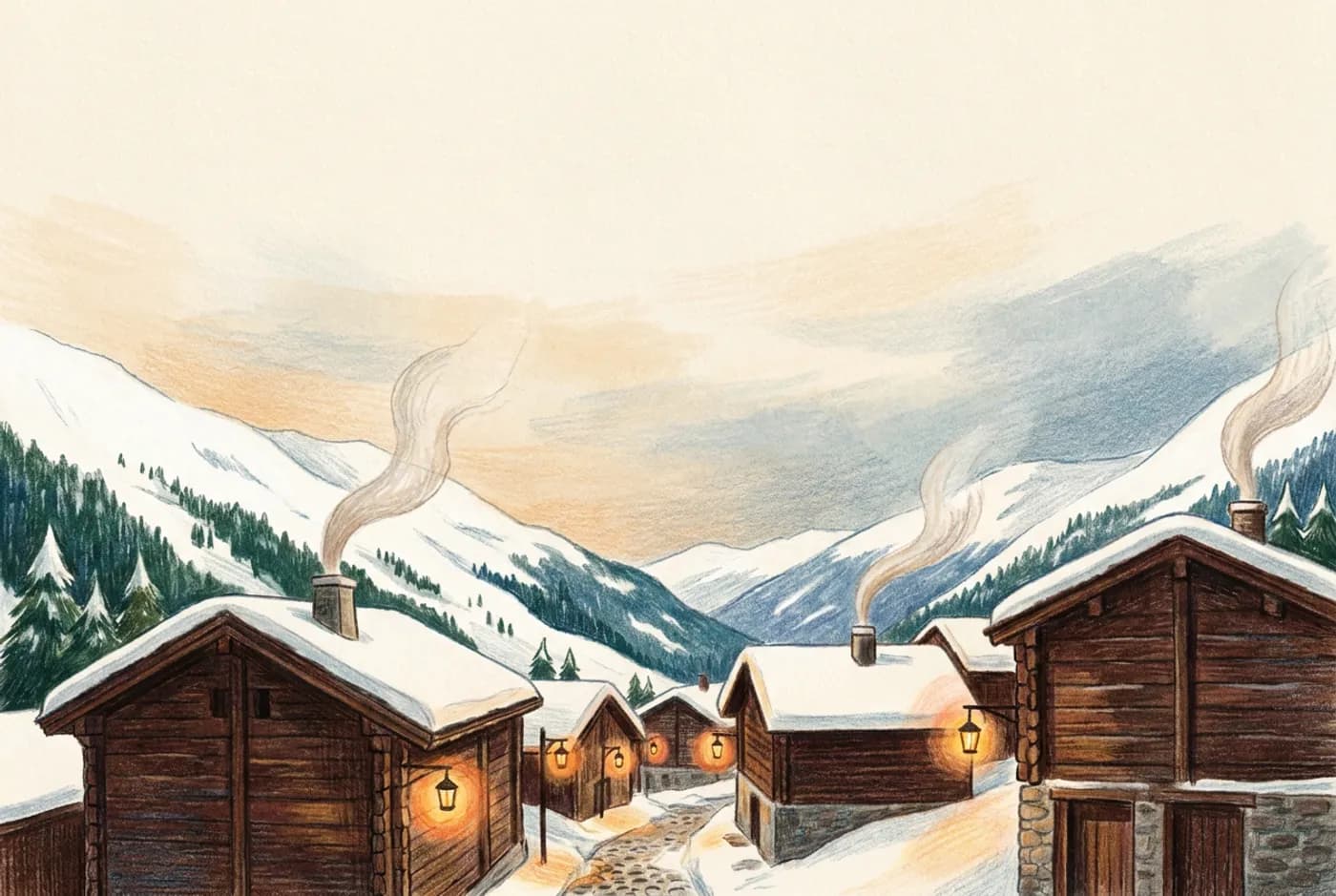 Zermatt Village postcard illustration with chalets in the snow
