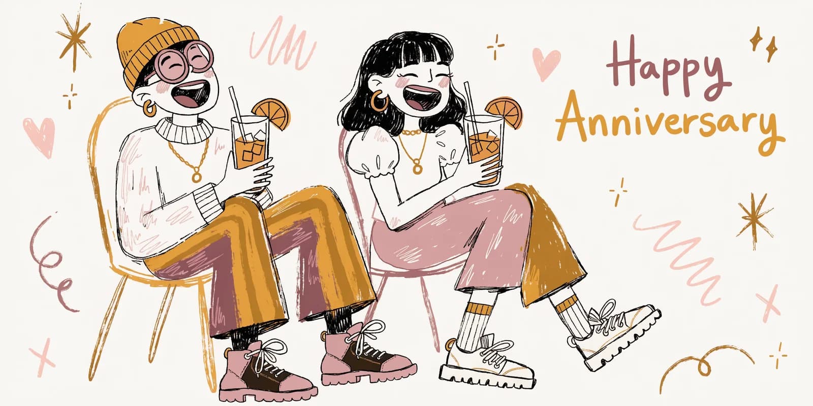 A personalized funny anniversary card showing an illustrated couple in their signature running joke