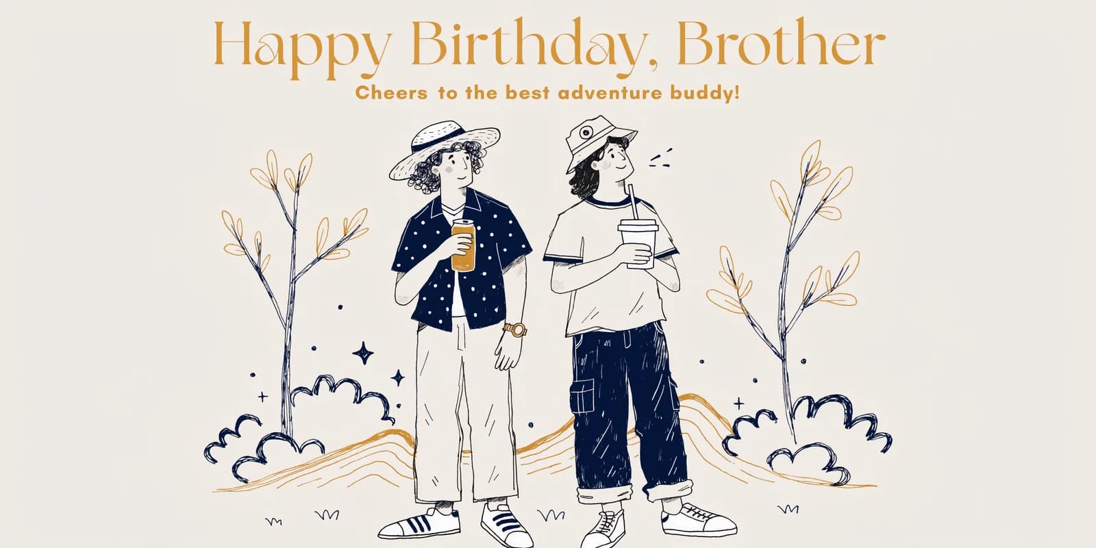 Personalized birthday card for brother with bold pen-and-ink illustrated scene and lettered name
