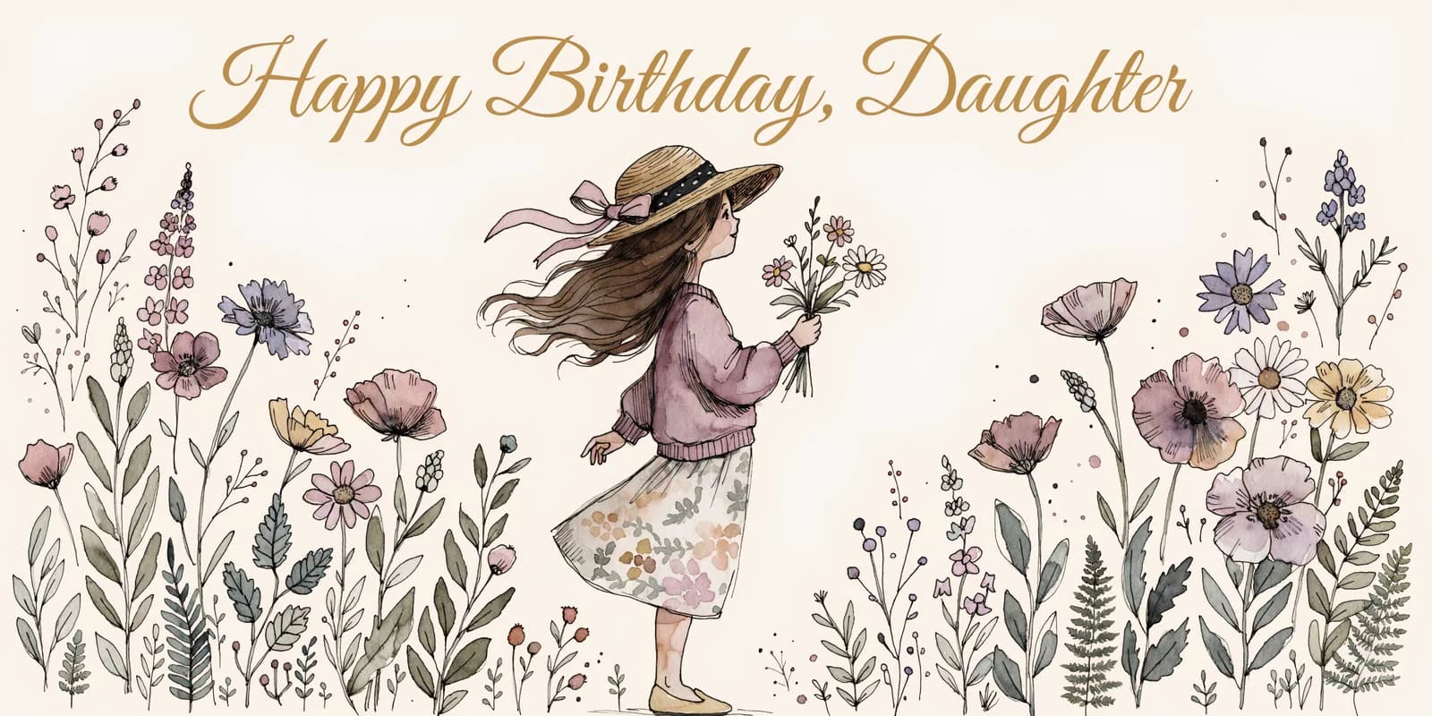 Personalized birthday card for daughter with bright botanical illustration and lettered name on warm cream