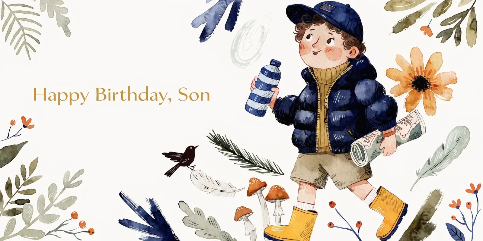 Personalized birthday card for son with illustrated adventure scene and lettered name on warm cream