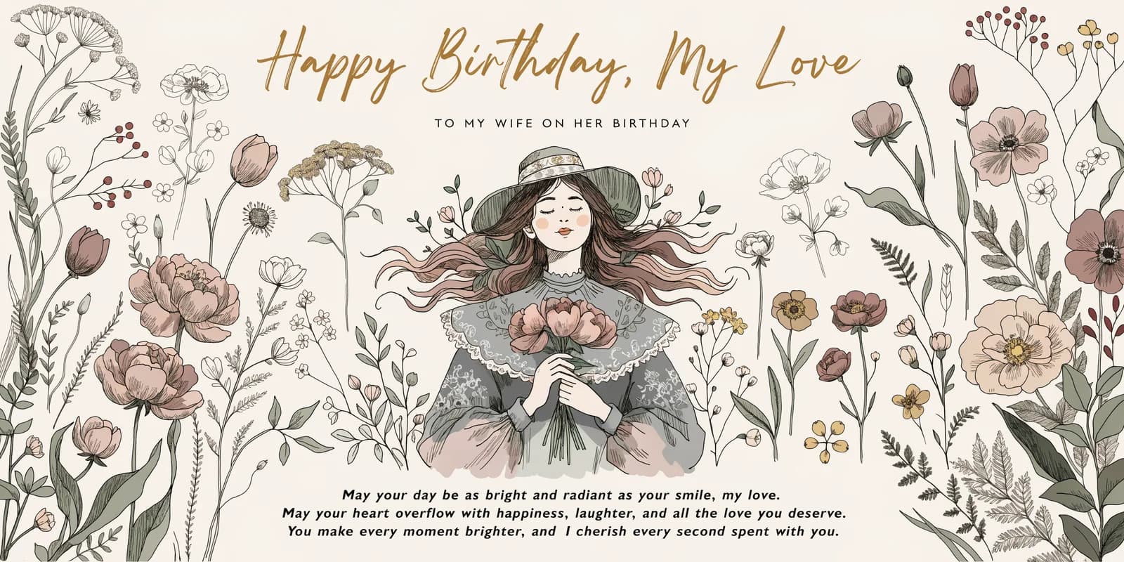 Personalized birthday card for wife with botanical watercolor illustration and lettered name on cream
