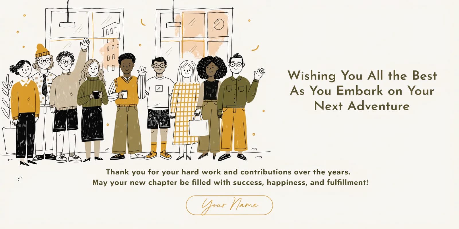 A personalized farewell card showing an illustrated portrait of the person leaving with a team scene