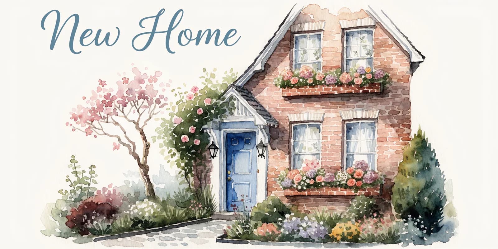 A personalized new home card showing a watercolor illustration of the recipient's actual house