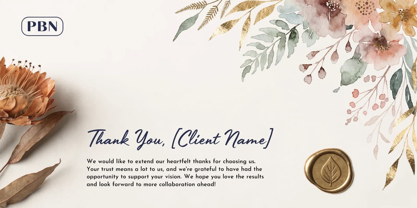 Corporate thank-you card with company logo header, botanical illustration, and personalized client name on cream