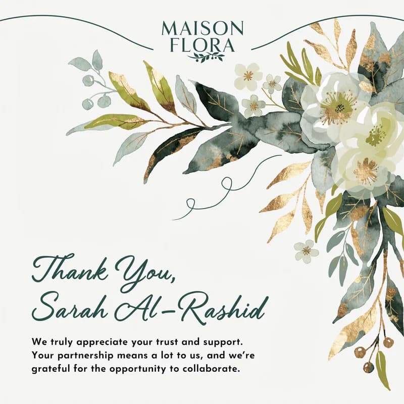 Corporate client thank-you card with company logo and watercolor botanical illustration