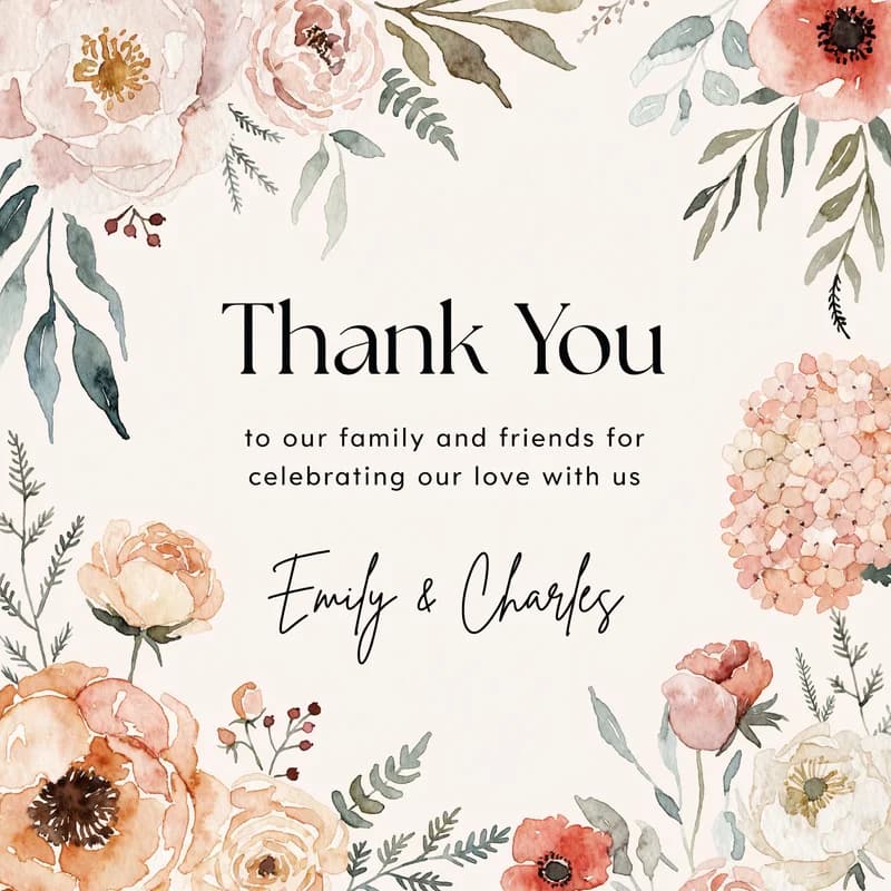Wedding thank-you card with watercolor floral border on ivory