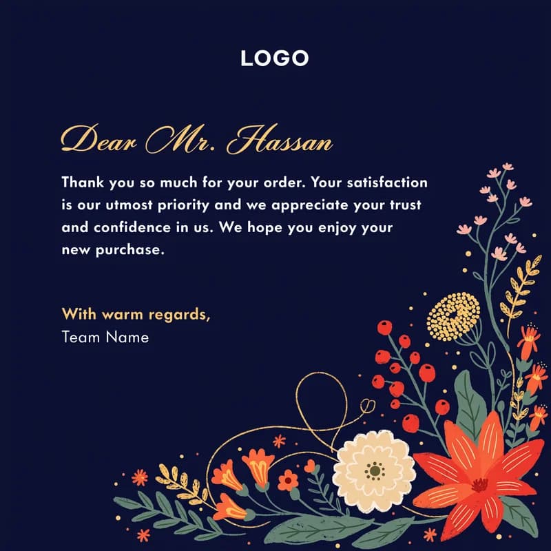 Corporate thank-you card with company logo and botanical motif