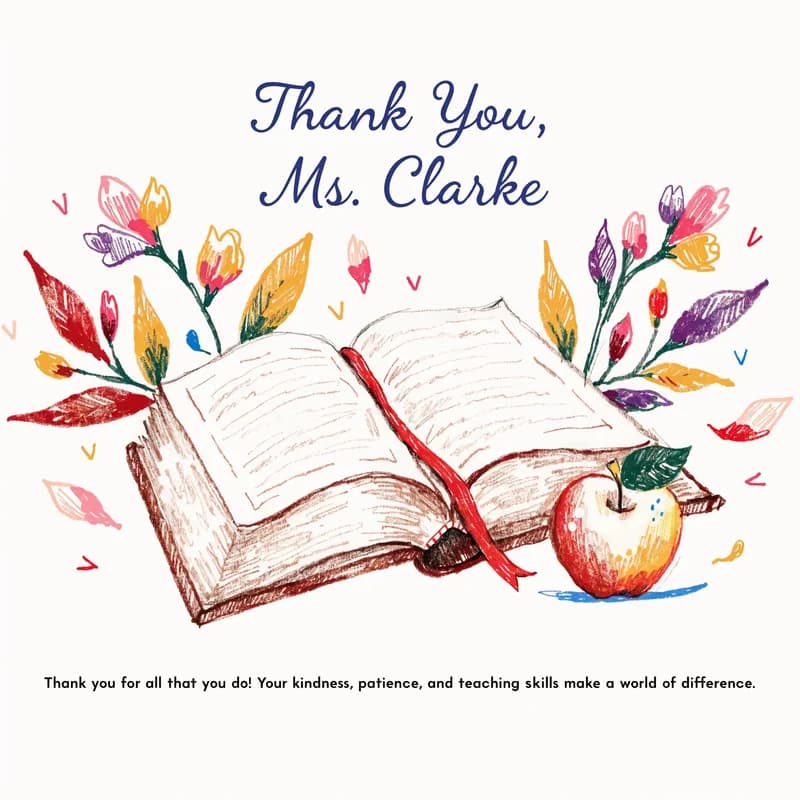 Teacher appreciation thank-you card with illustrated classroom