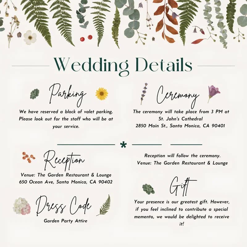 Rustic botanical details card with lettered text