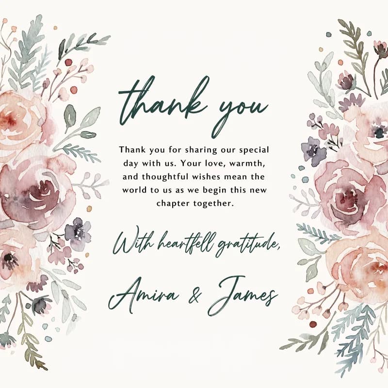 Wedding thank-you card with watercolor floral border and calligraphy names