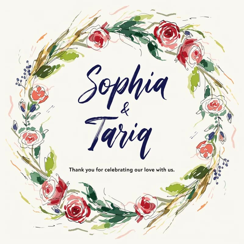 Wedding thank-you card with watercolor rose border and lettered couple names