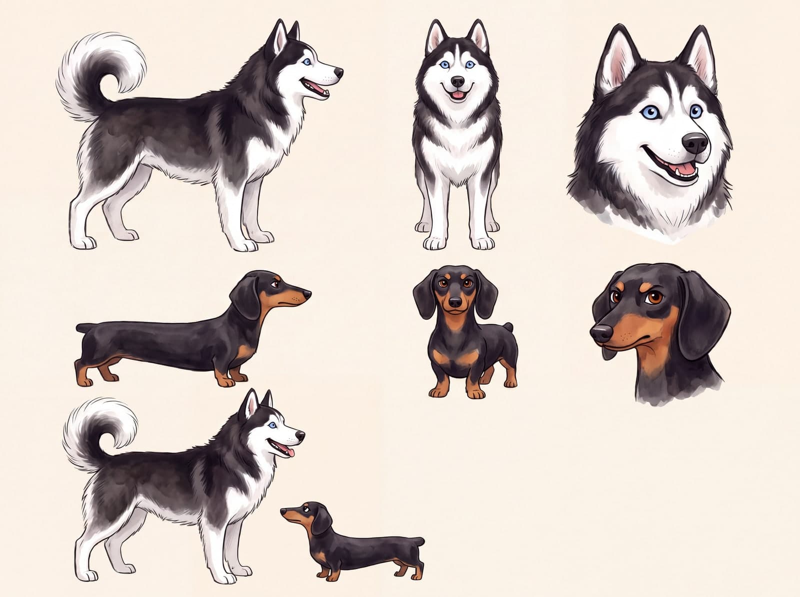 Character model sheet for family dogs showing front, profile, and scale studies