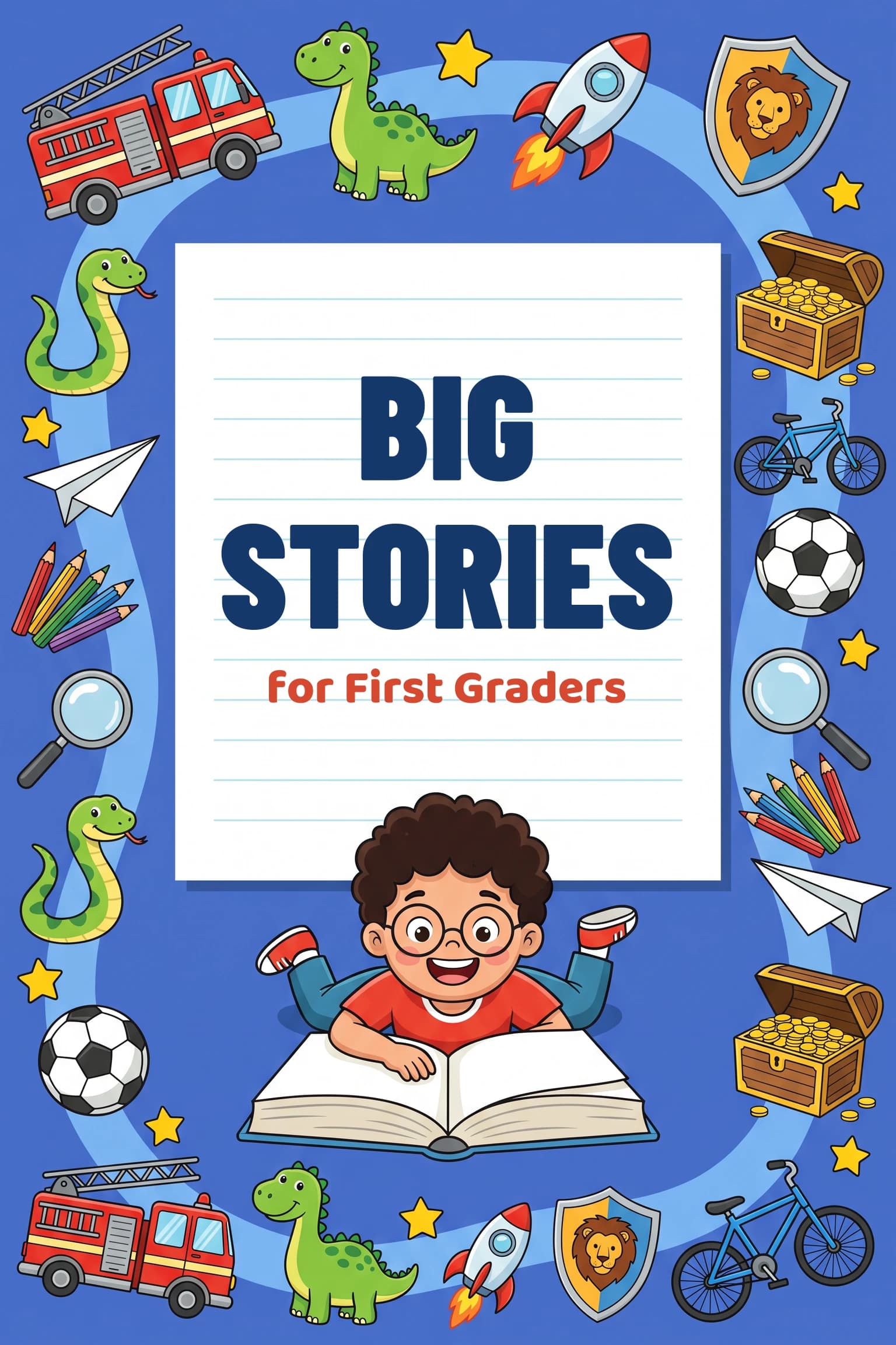 A first-grade reader cover: a bold title panel on lined paper, ringed by fire engines, dinosaurs, rockets and a boy reading