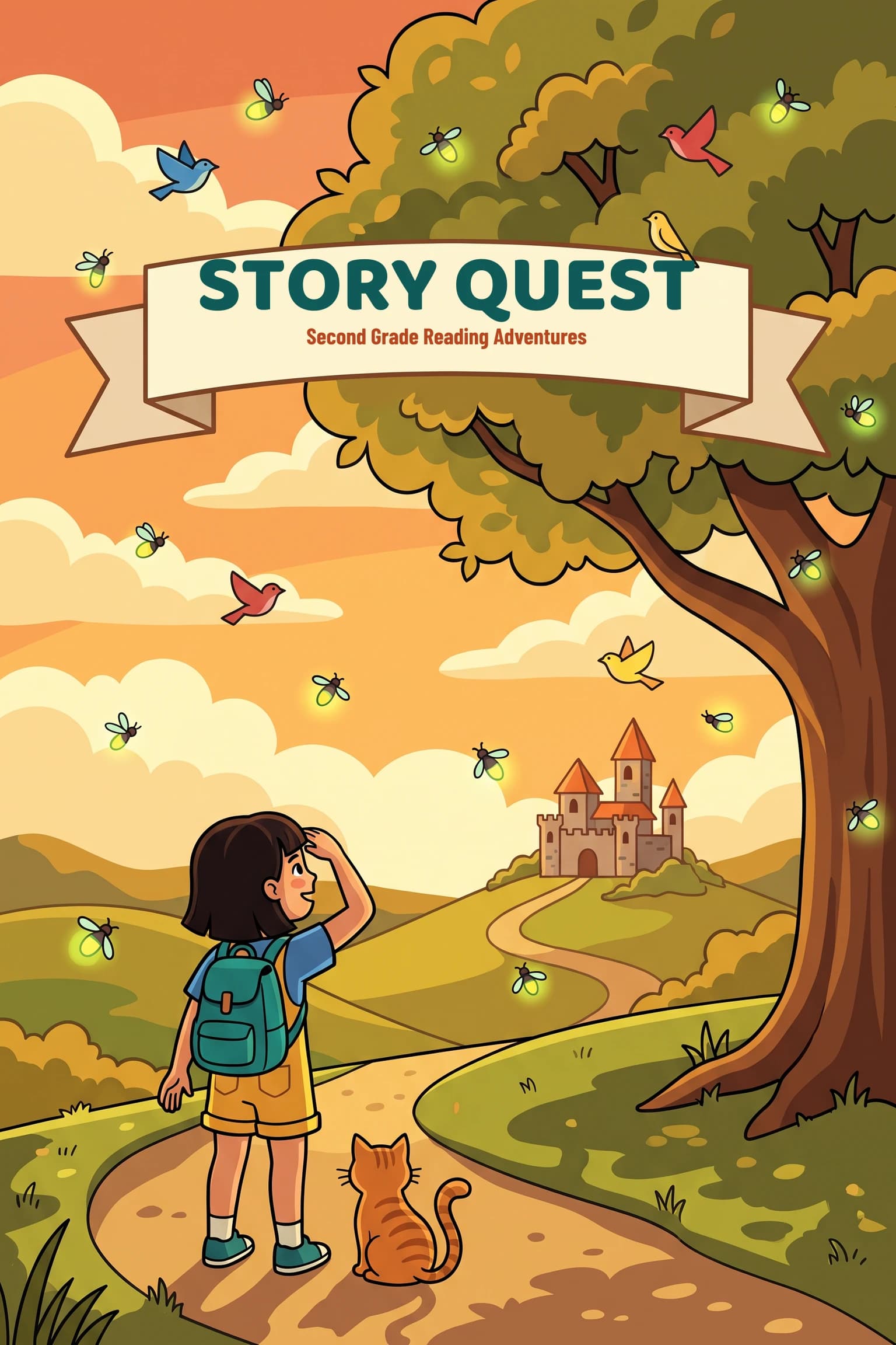Second-grade reader cover showing a girl and a cat on a path below a hilltop castle, the title set into a cream ribbon banner