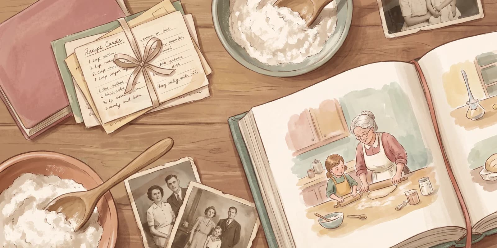 A kitchen table with handwritten recipe cards, old family photographs, a bowl of flour, and a finished cookbook open to an illustration of a grandmother and child rolling dough