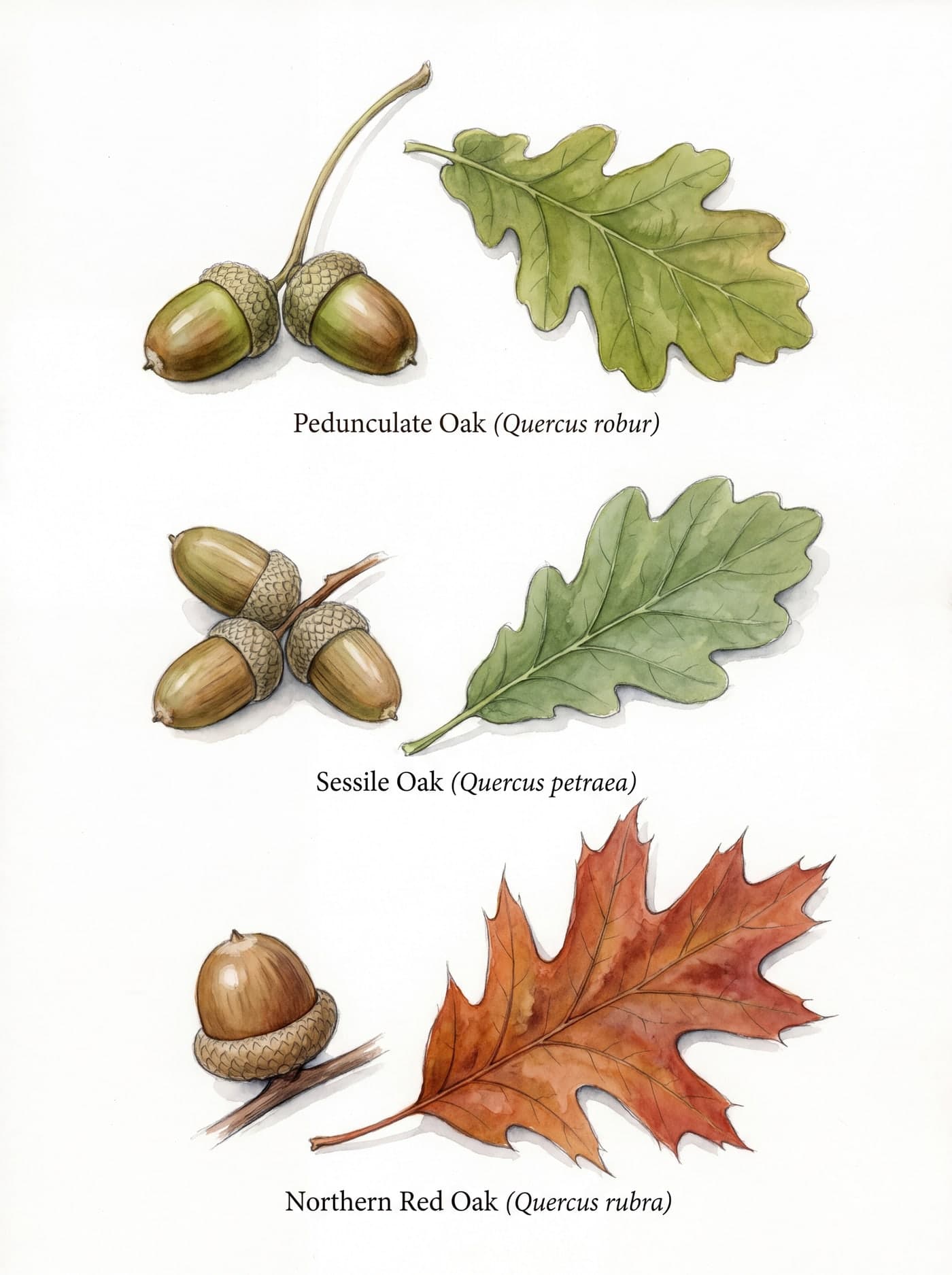 Comparative watercolour study of acorns and leaves of three oak species — Quercus robur, Quercus petraea and Quercus rubra