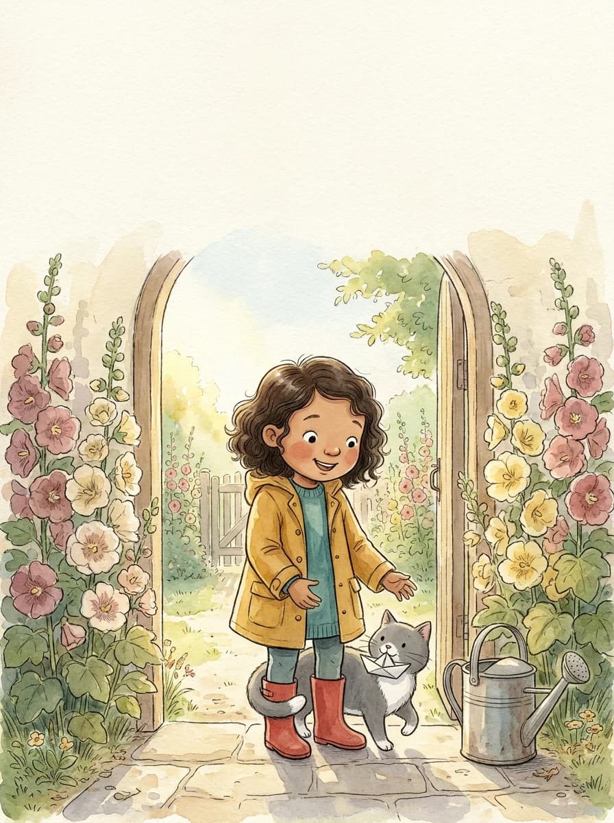 Watercolour picture-book cover with the top third left empty for the child's name — a child in a yellow coat and red boots steps through a garden gate with a grey cat.