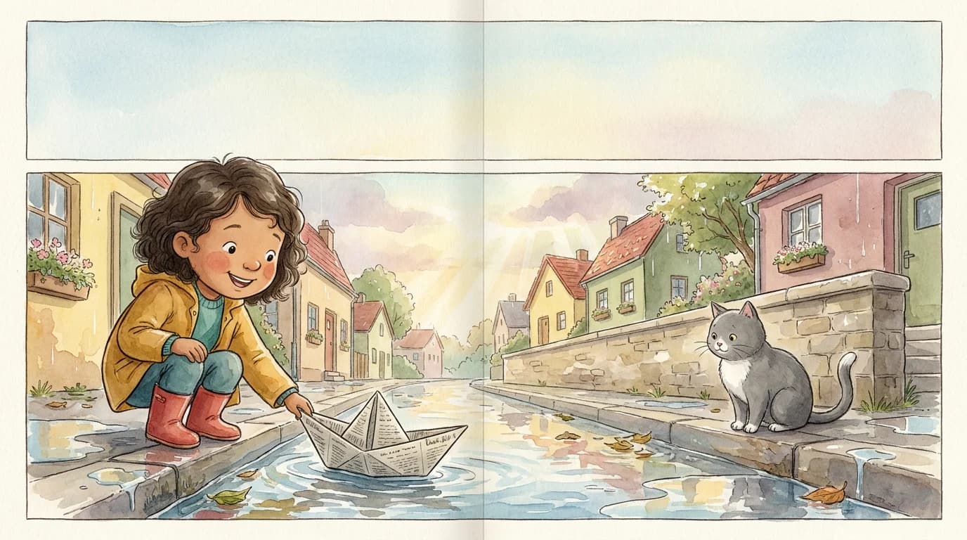 Interior watercolour spread: the same child sails a paper boat down a rainy kerb while the cat watches from a wall.