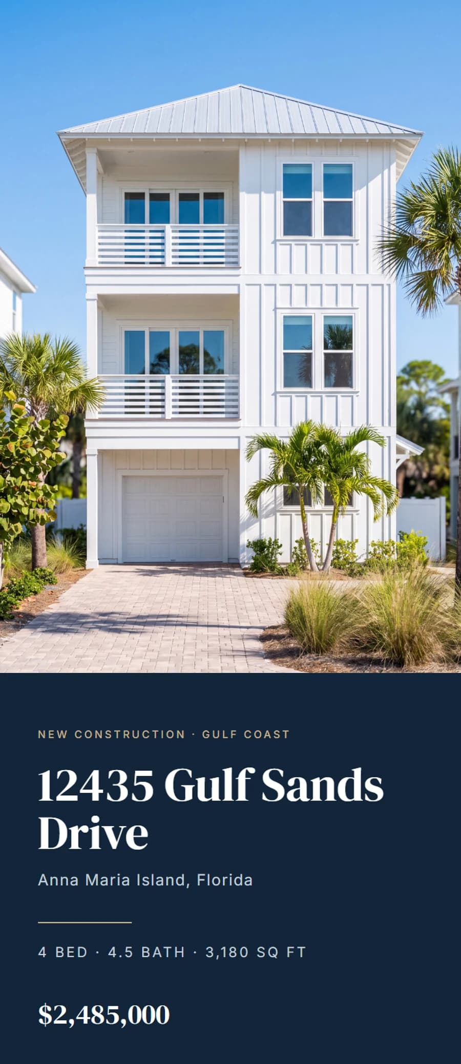 The front cover panel at full size, address and property summary set beneath the exterior photograph