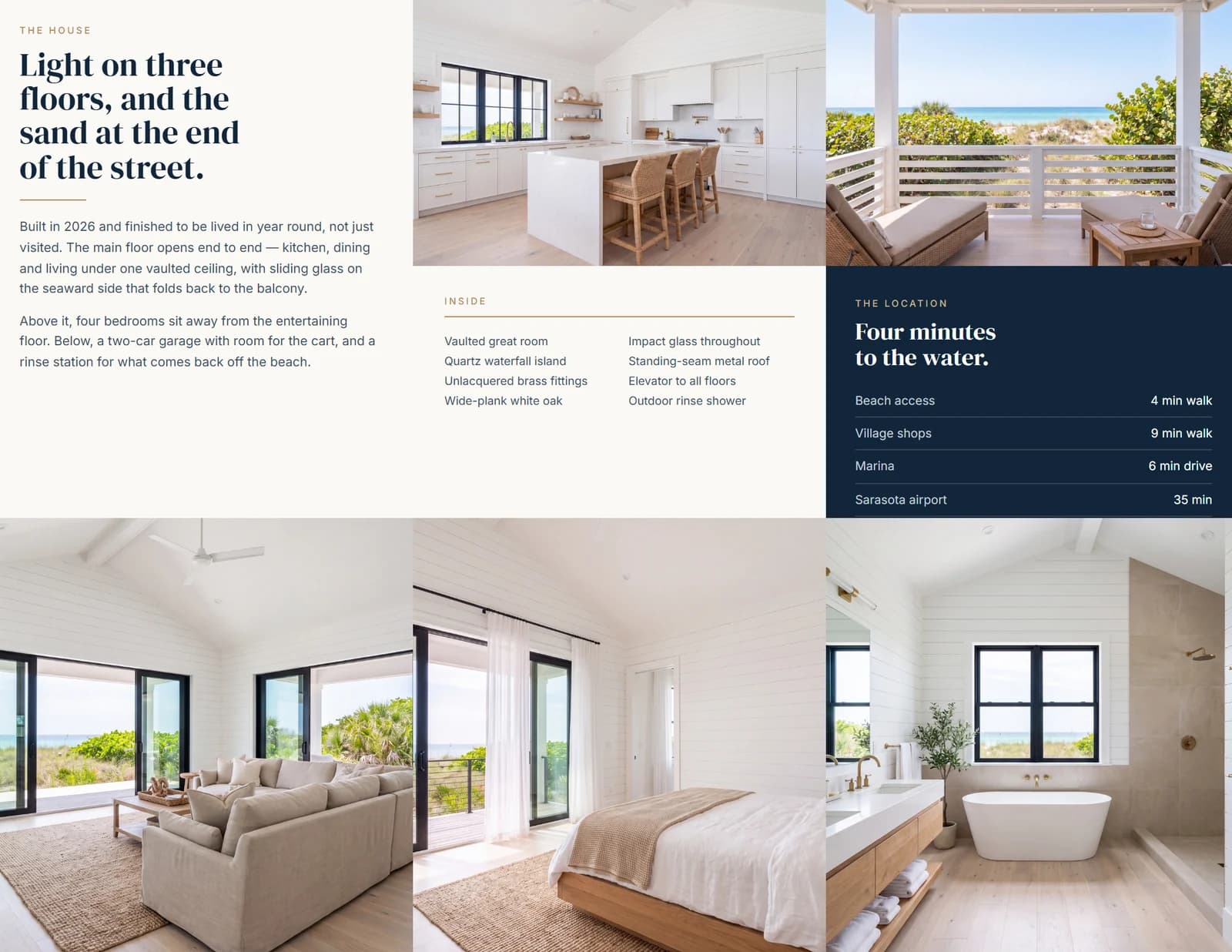 Inside of the tri-fold: three panels reading as one spread across the house, the interiors and the location