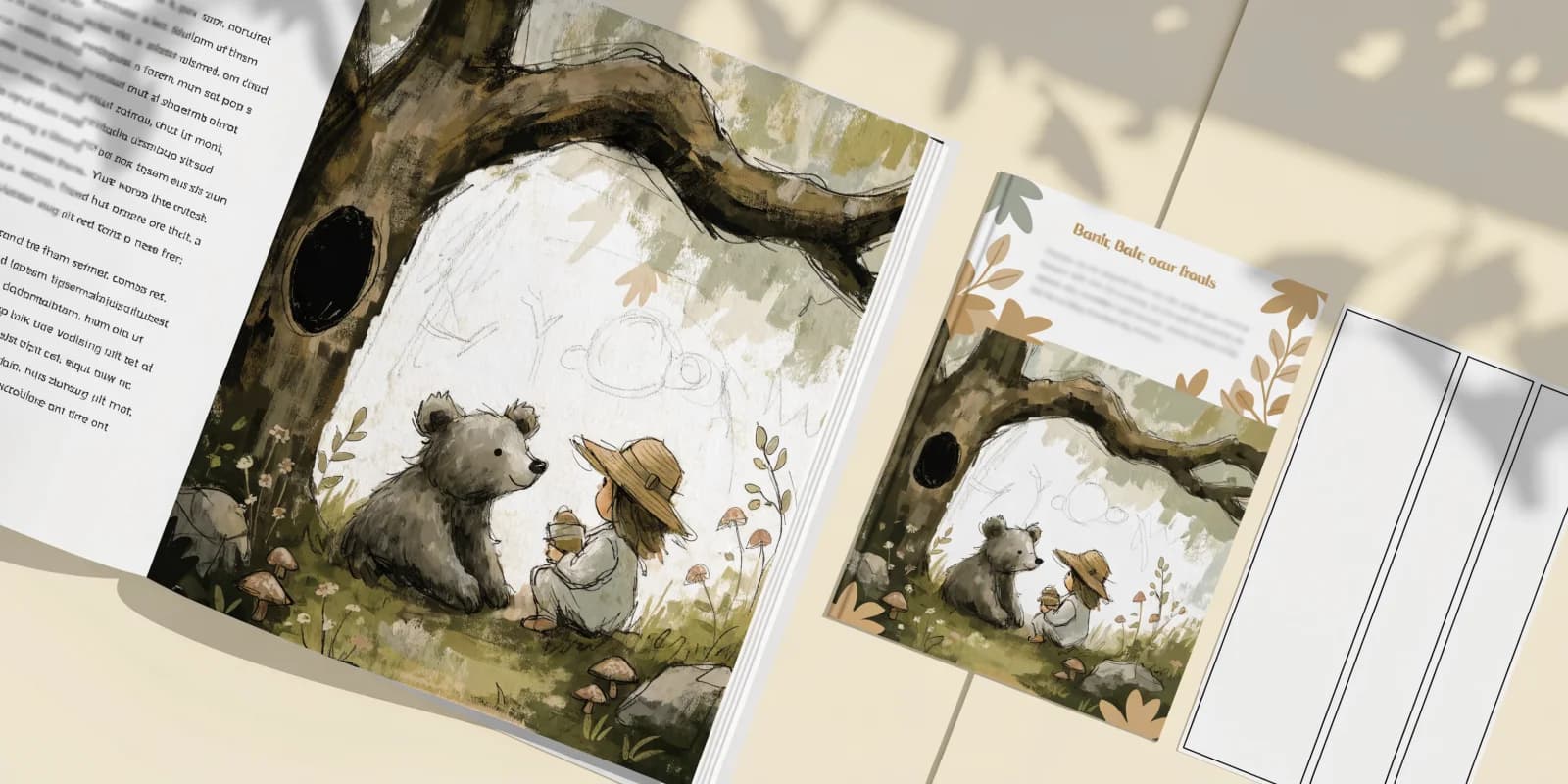 A children's picture book spread laid out for design review beside a cover proof and trim-size samples