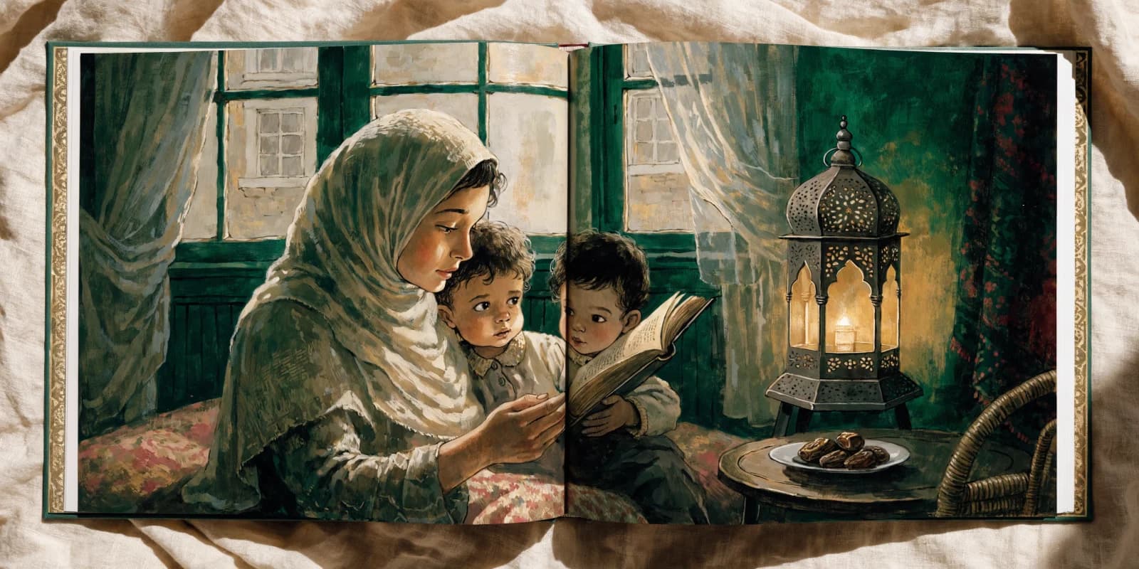 An open Muslim children's picture book — a mother reading to two children by lantern light