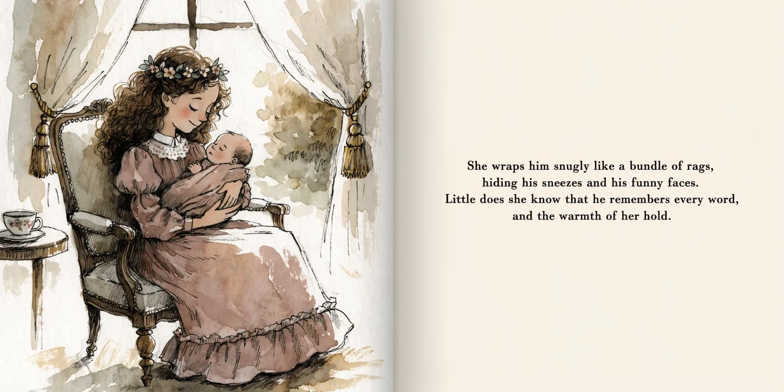 A personalized big sister children's book open showing an illustrated girl character proudly holding a new baby sibling