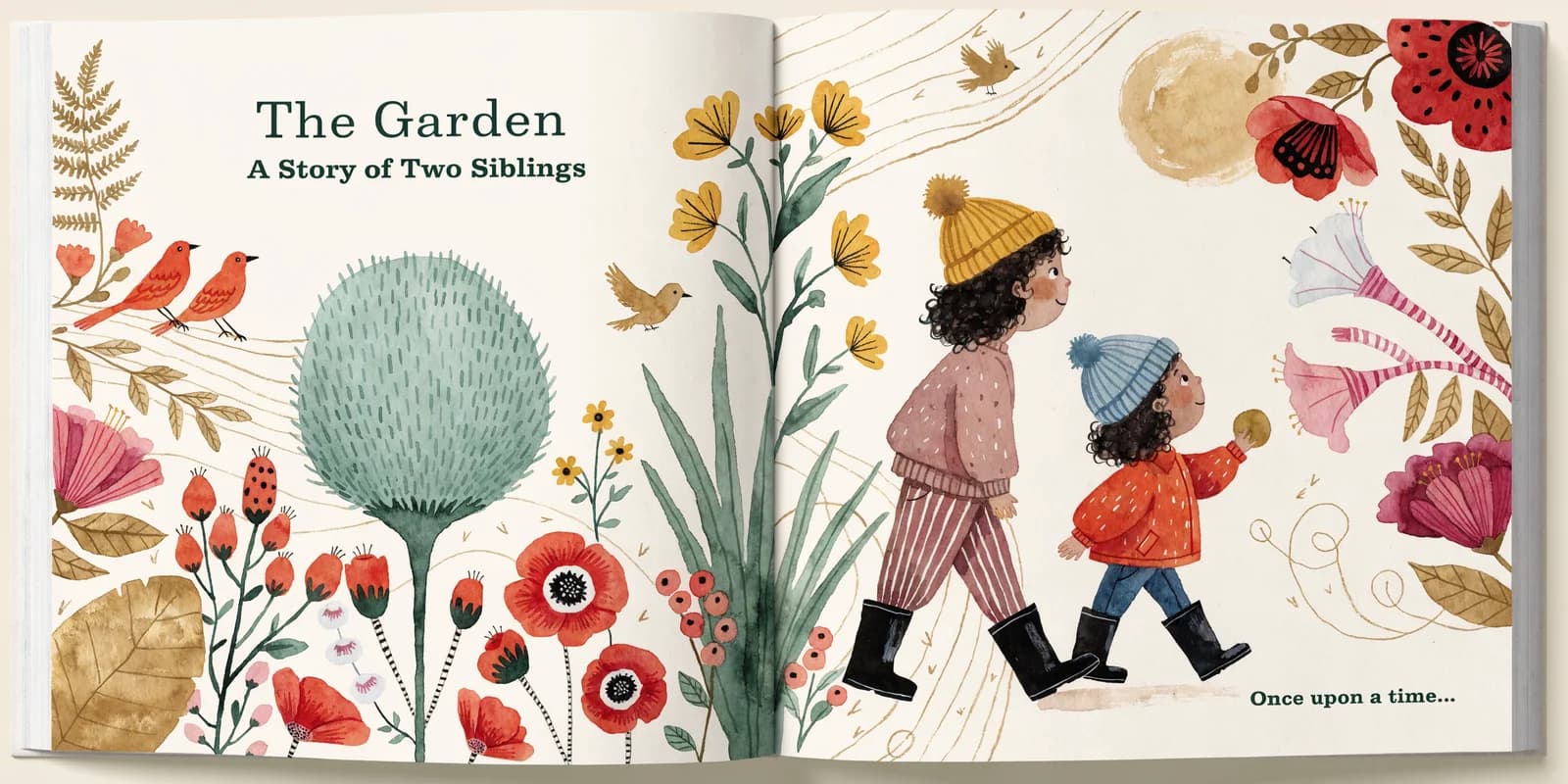 Two personalized children's books side by side on a shelf, each starring a different sibling in matching illustration style