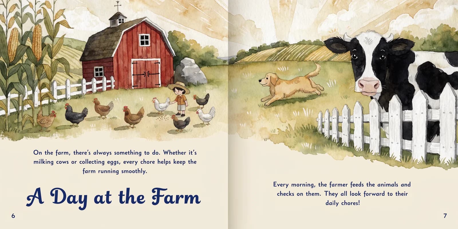 A personalized children's farm book open on a wooden desk showing an illustrated child feeding chickens on a sunny farm
