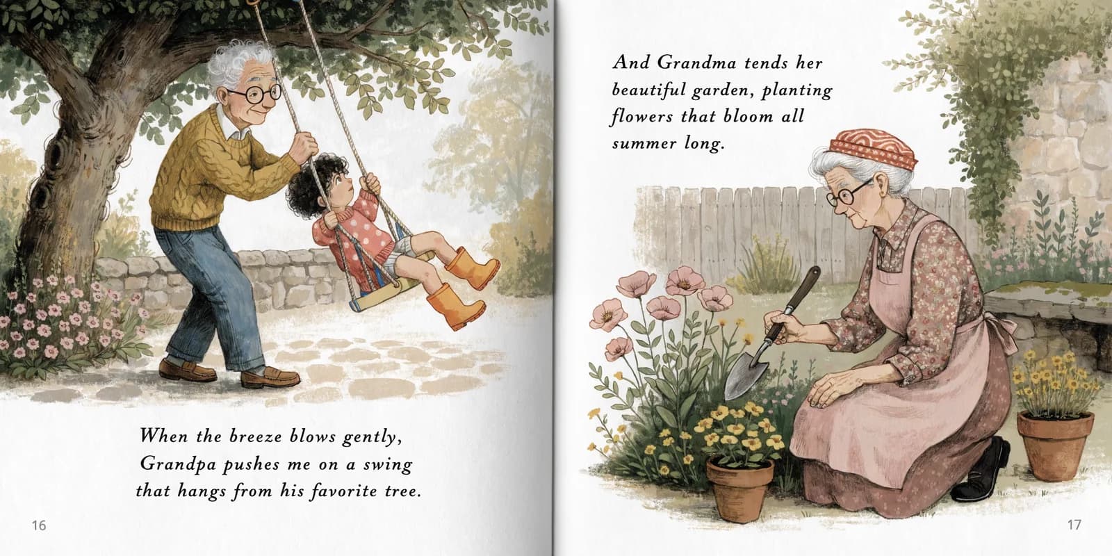 A personalized grandparents keepsake book open on a linen cloth showing a watercolor illustration of grandparents in their garden