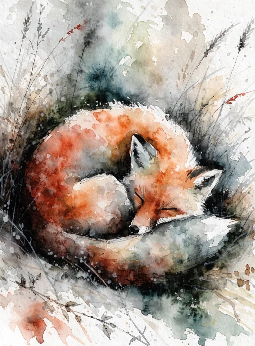 Watercolor study of a fox with a soft coat and a broken dry-brush edge