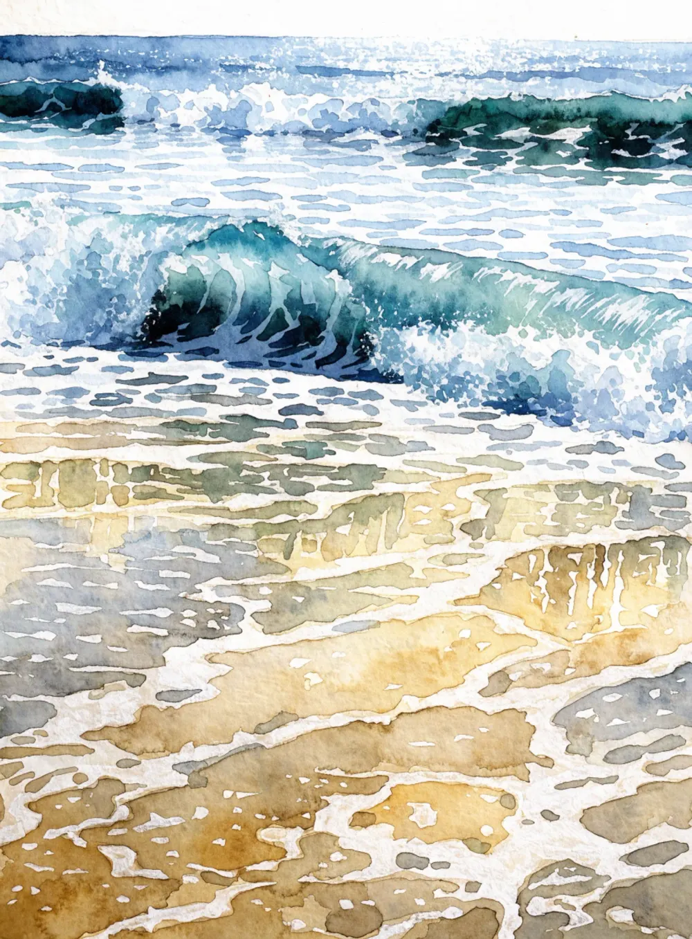 Watercolor shoreline study with breaking surf and white paper reserved for the foam