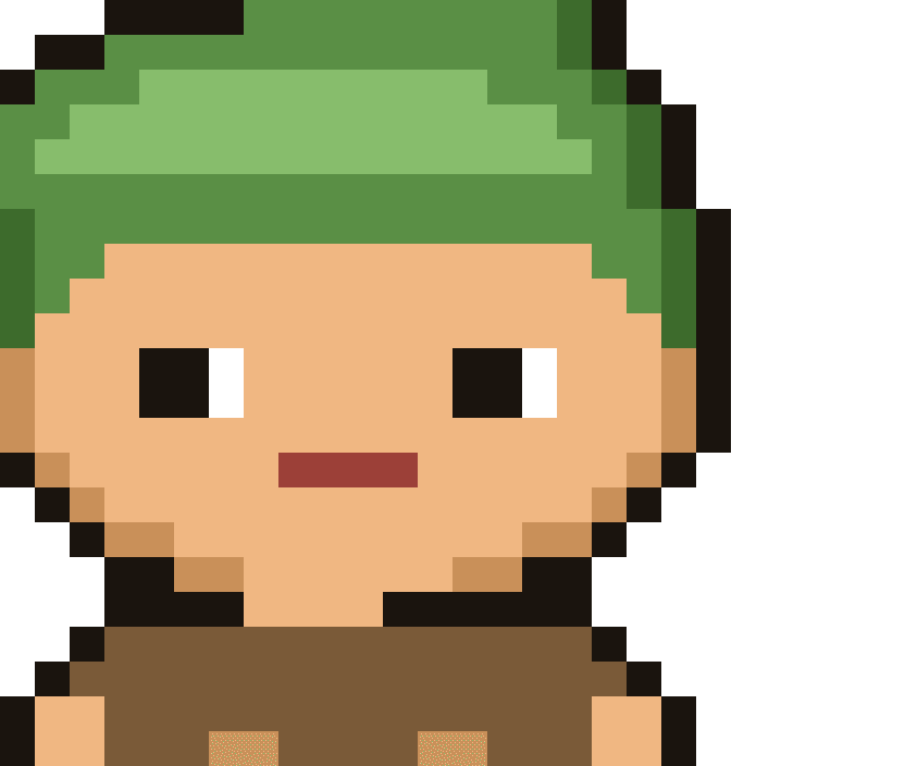 Extreme close-up of a pixel art character's face showing individual square pixels aligned to a single grid