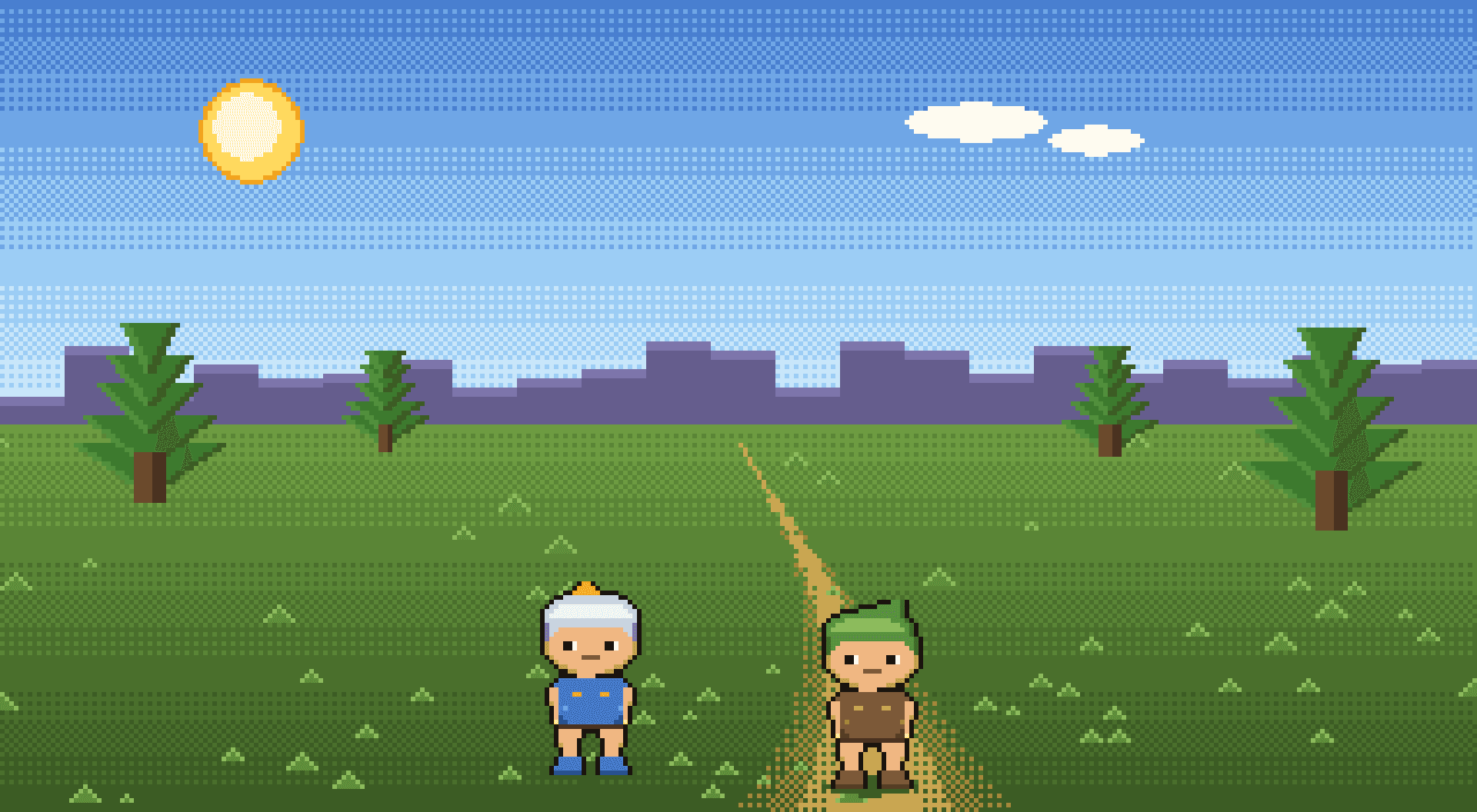 16-bit pixel art scene of a woodland clearing with pine trees, a dithered sky and two young characters on a worn path
