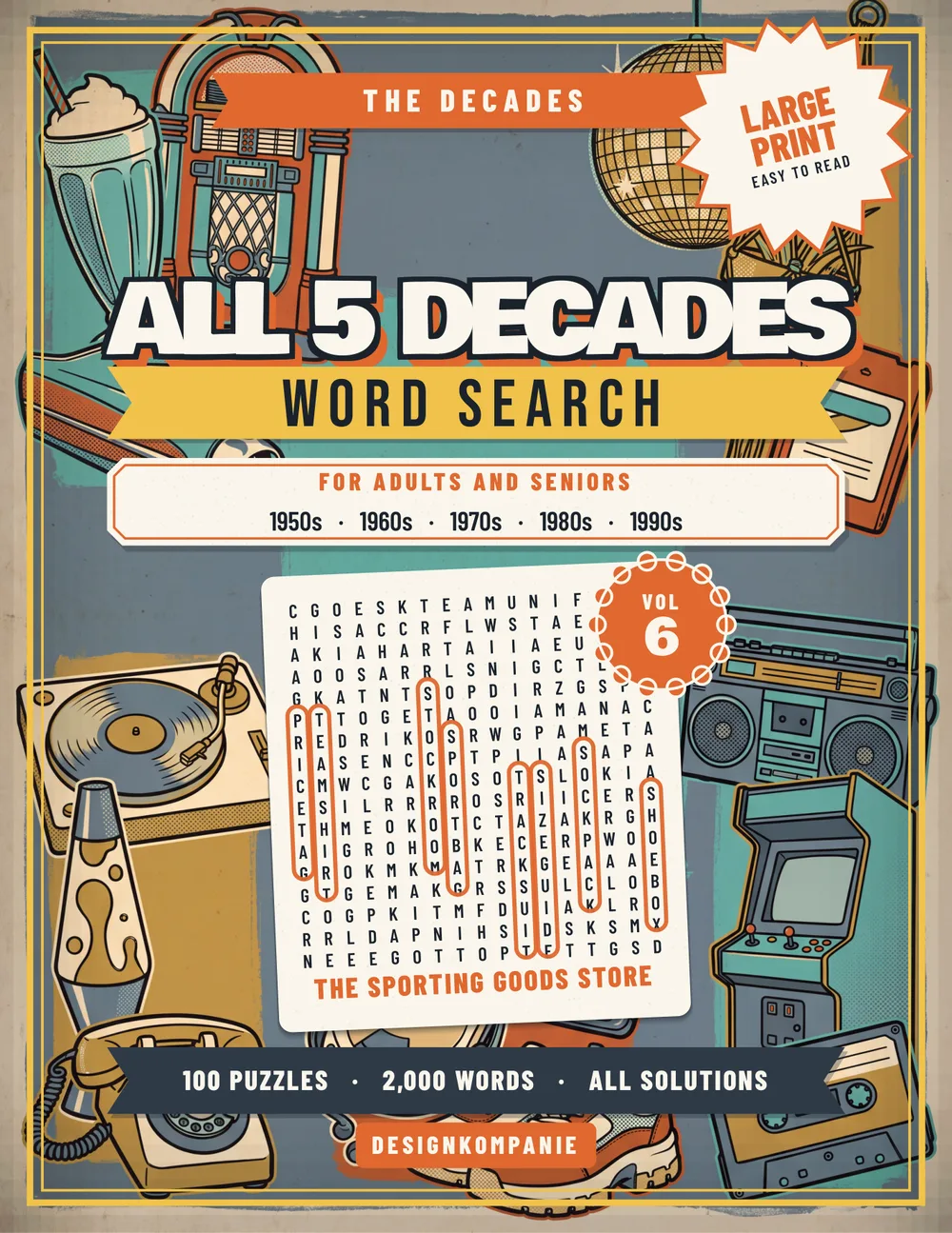 All 5 Decades Word Search — 100 large-print nostalgic puzzles, 1950s to 1990s