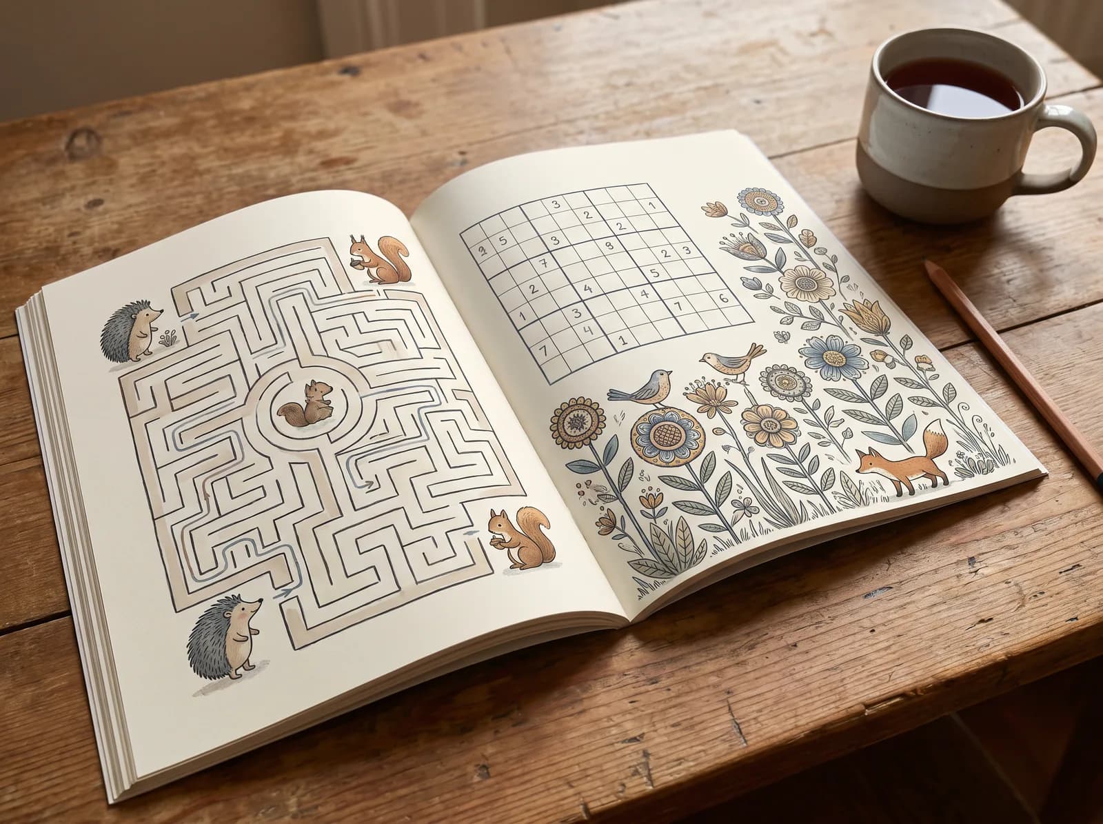 An adult activity book open to a maze and a puzzle grid beside a cup of tea