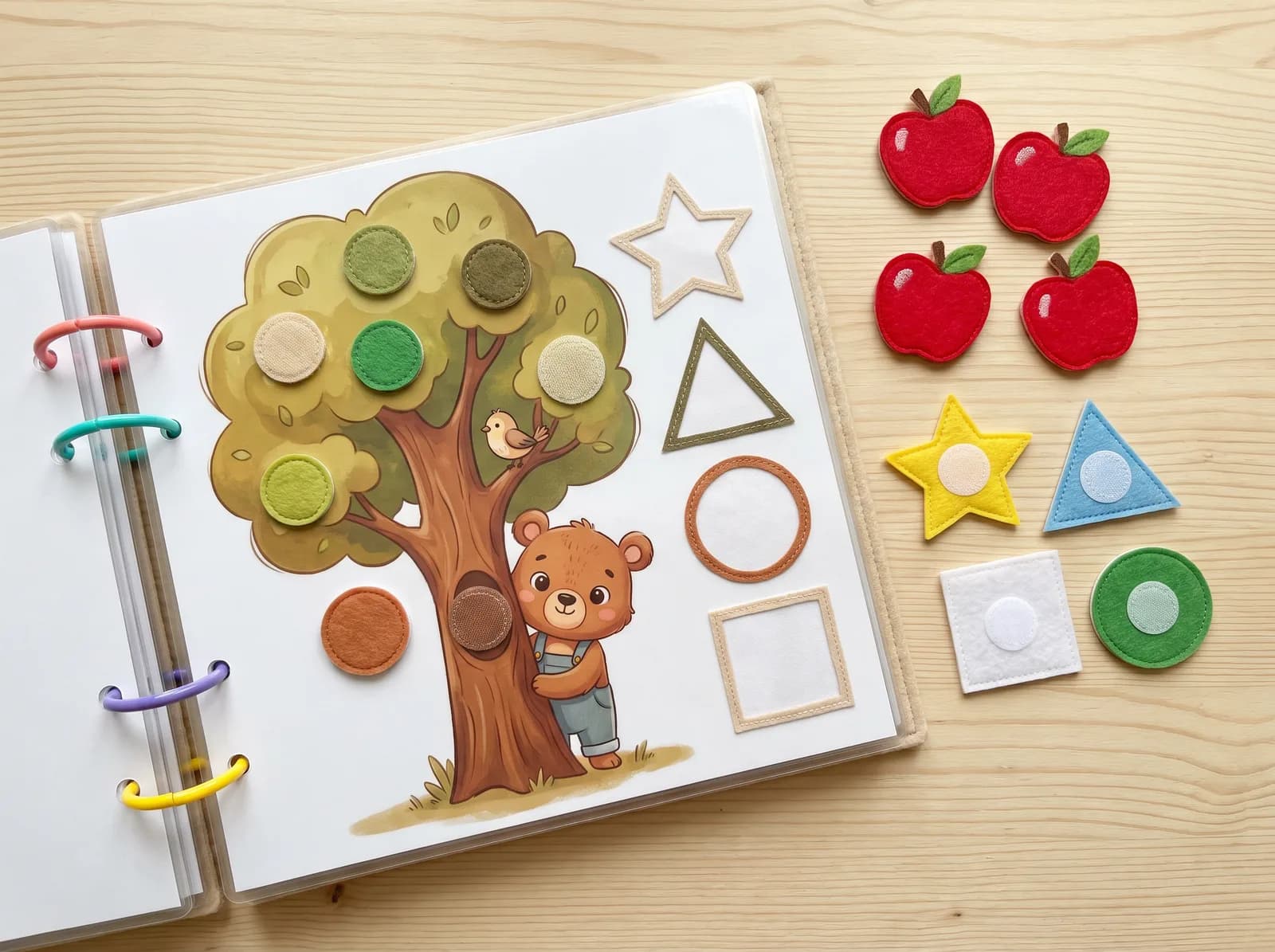 Busy book pages in a ring binder with matching fruit and shape pieces