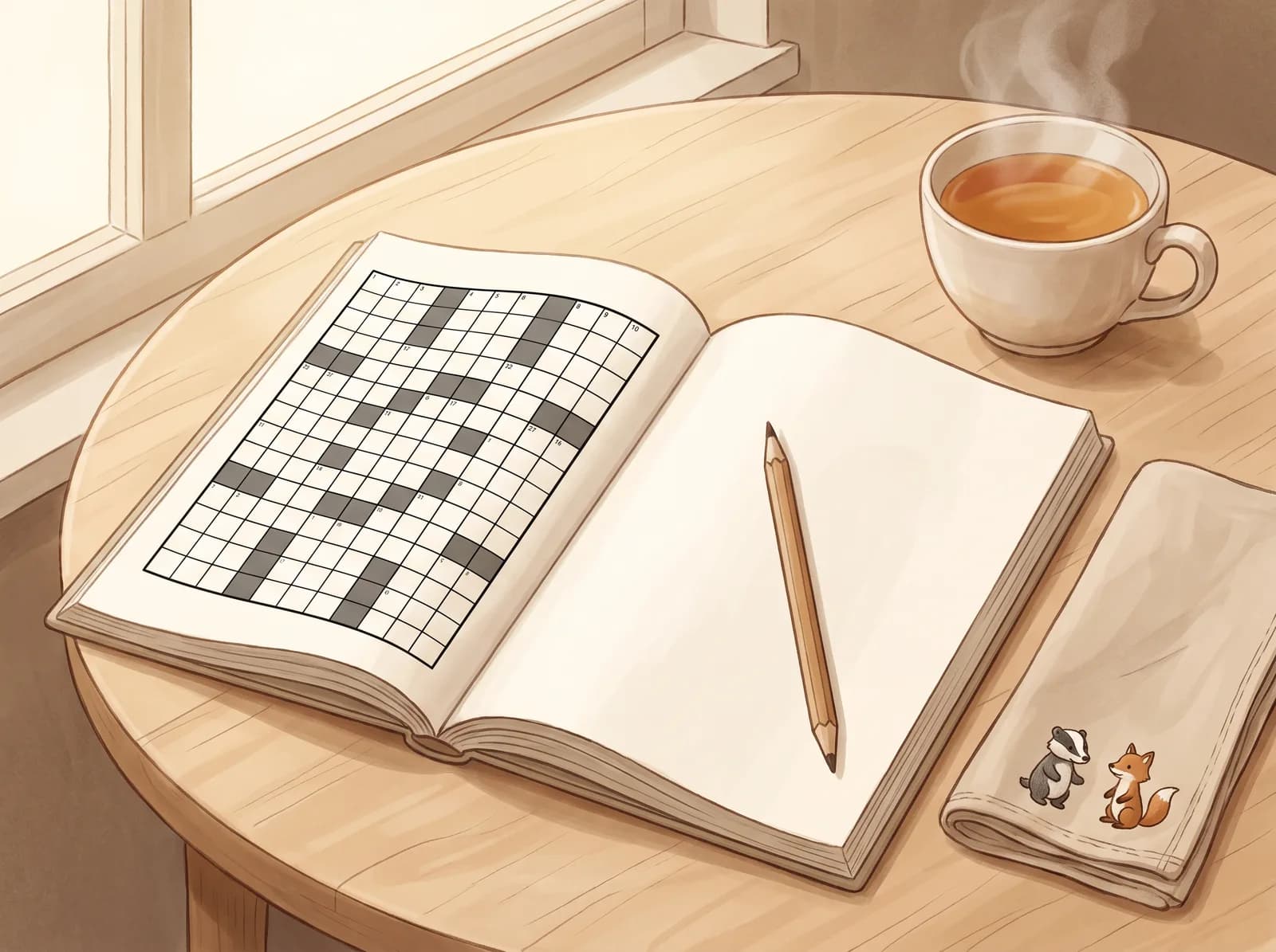 A crossword puzzle book open to an empty grid with a pencil resting on the page