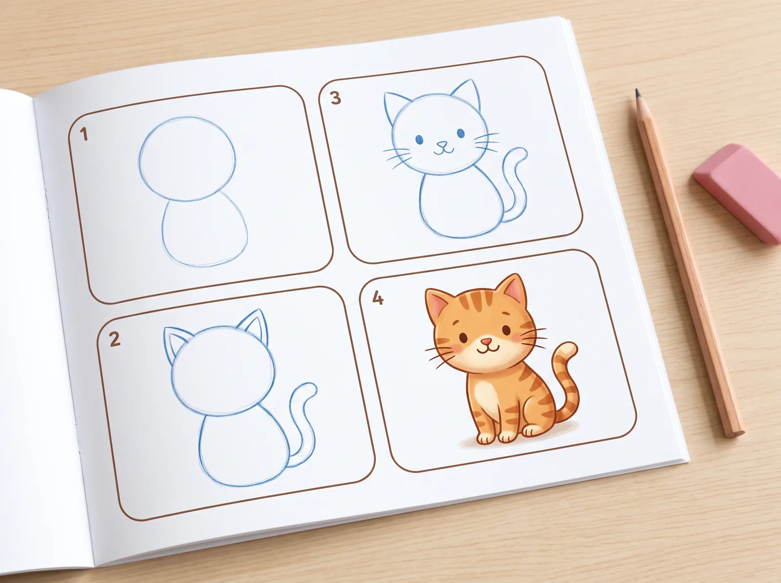 A how-to-draw page showing a cat built up in four steps from simple shapes