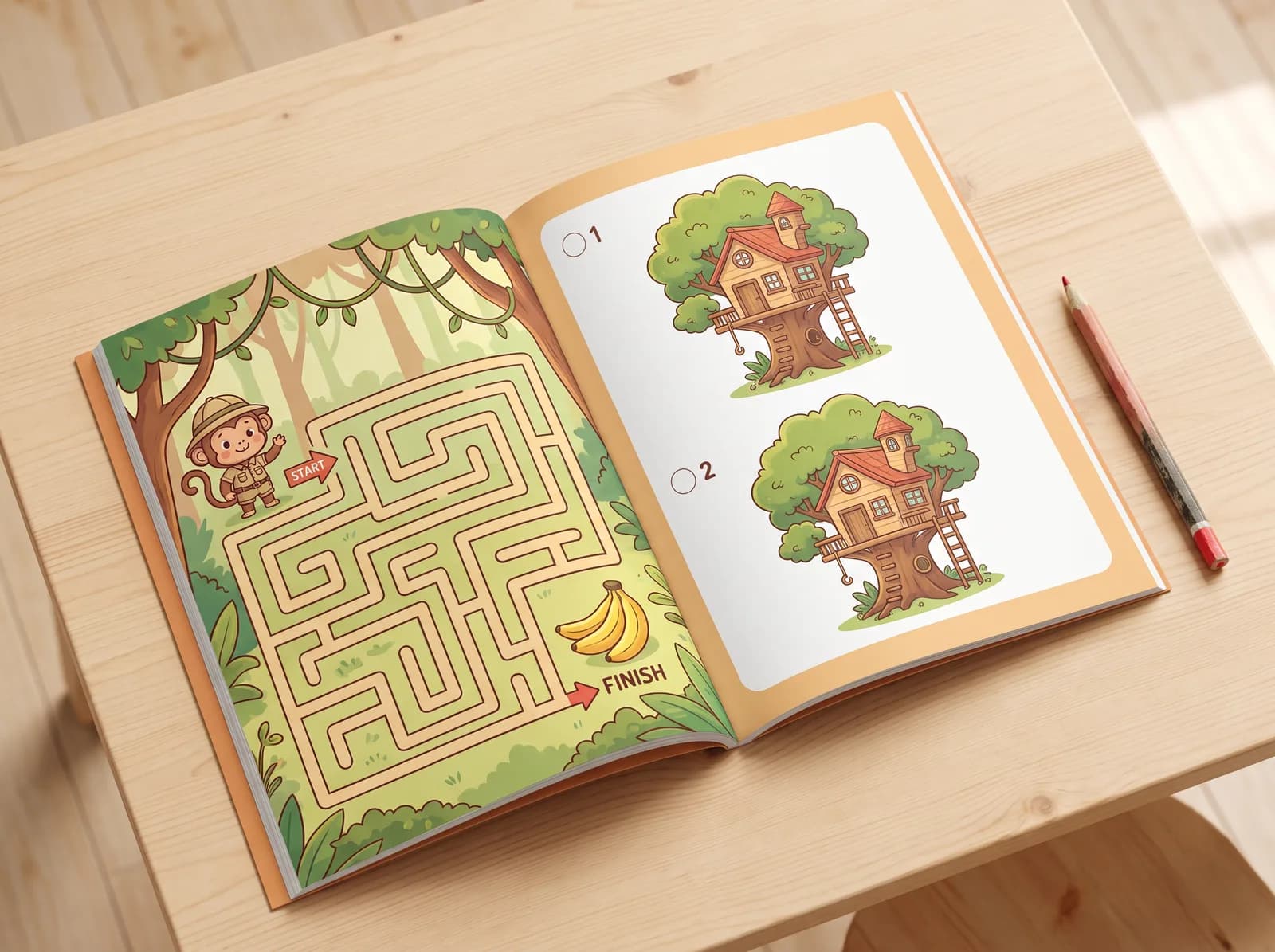 A children's puzzle book open to a maze and a spot-the-difference pair