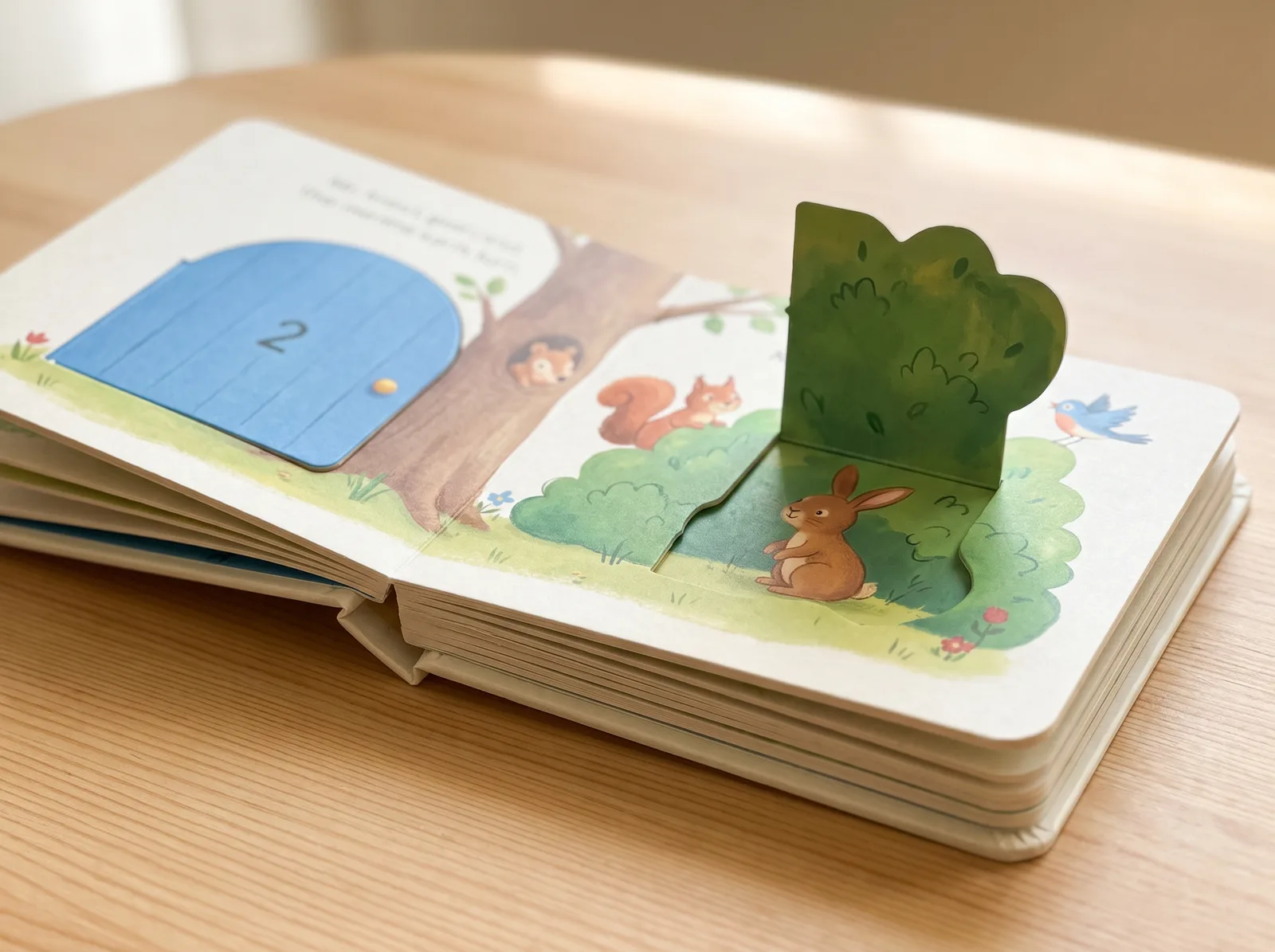 A lift-the-flap board book with a bush flap open to show a hiding rabbit