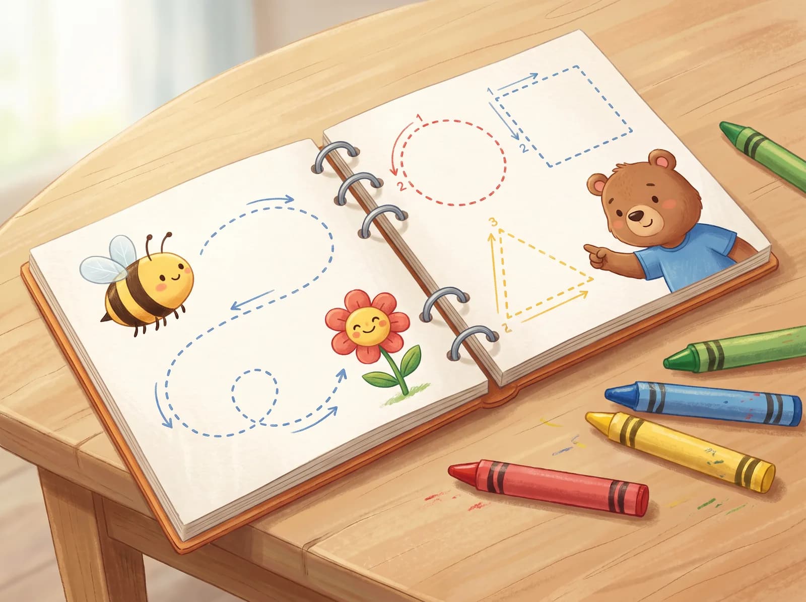 An open preschool workbook with tracing lines and a friendly animal guide