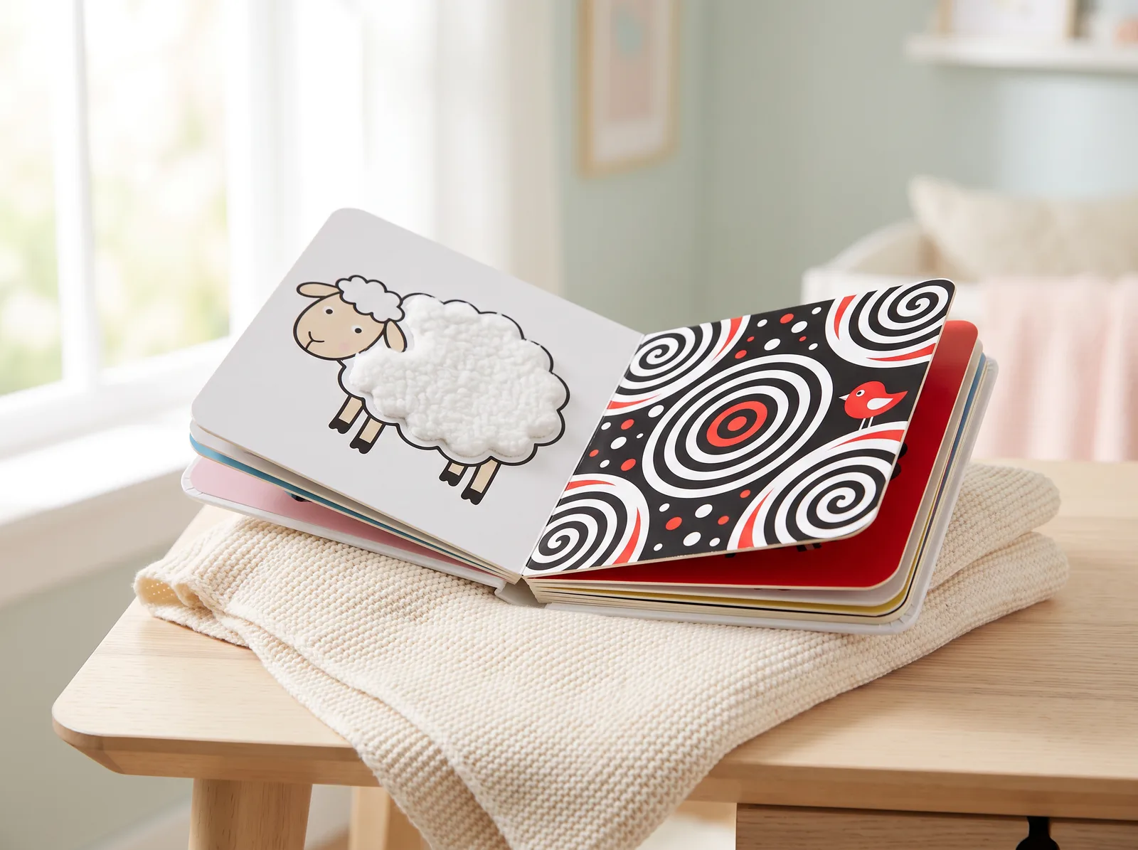 A touch-and-feel board book open to a sheep with a fluffy patch and a high-contrast page