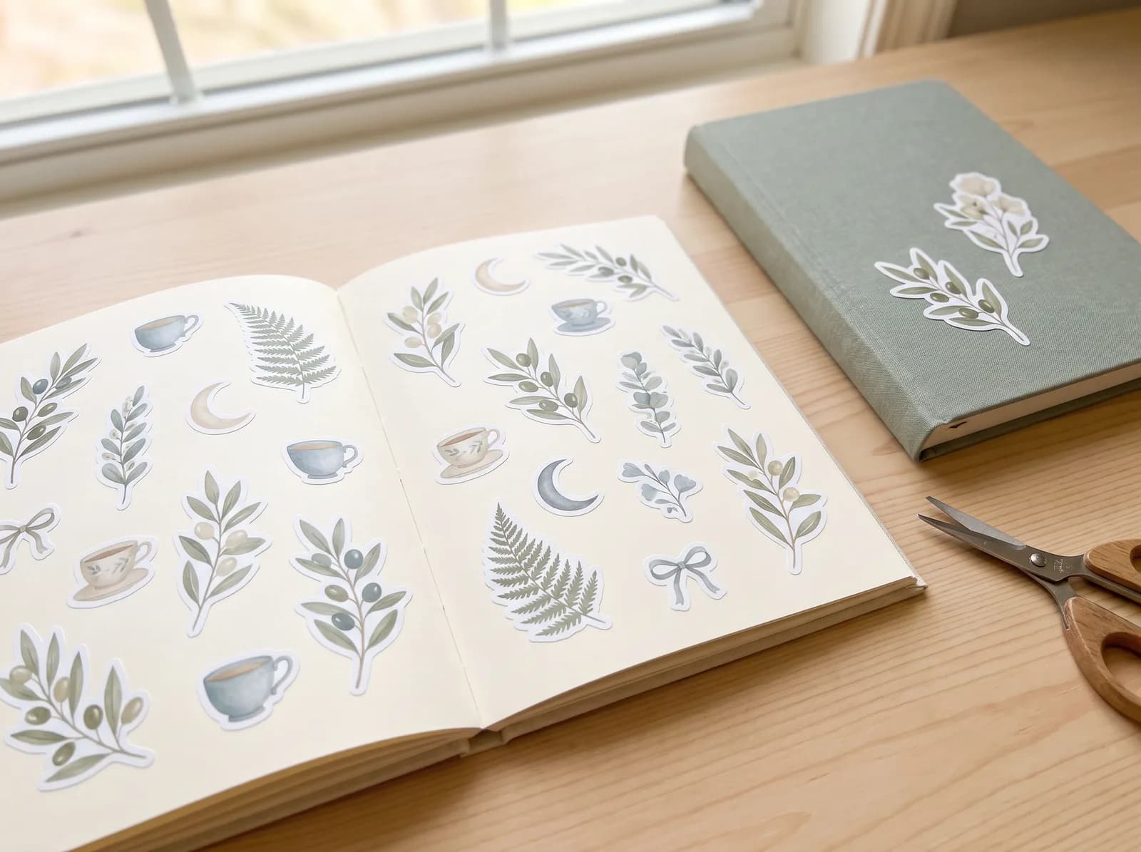 An adult sticker book open to sheets of botanical and stationery stickers beside a planner