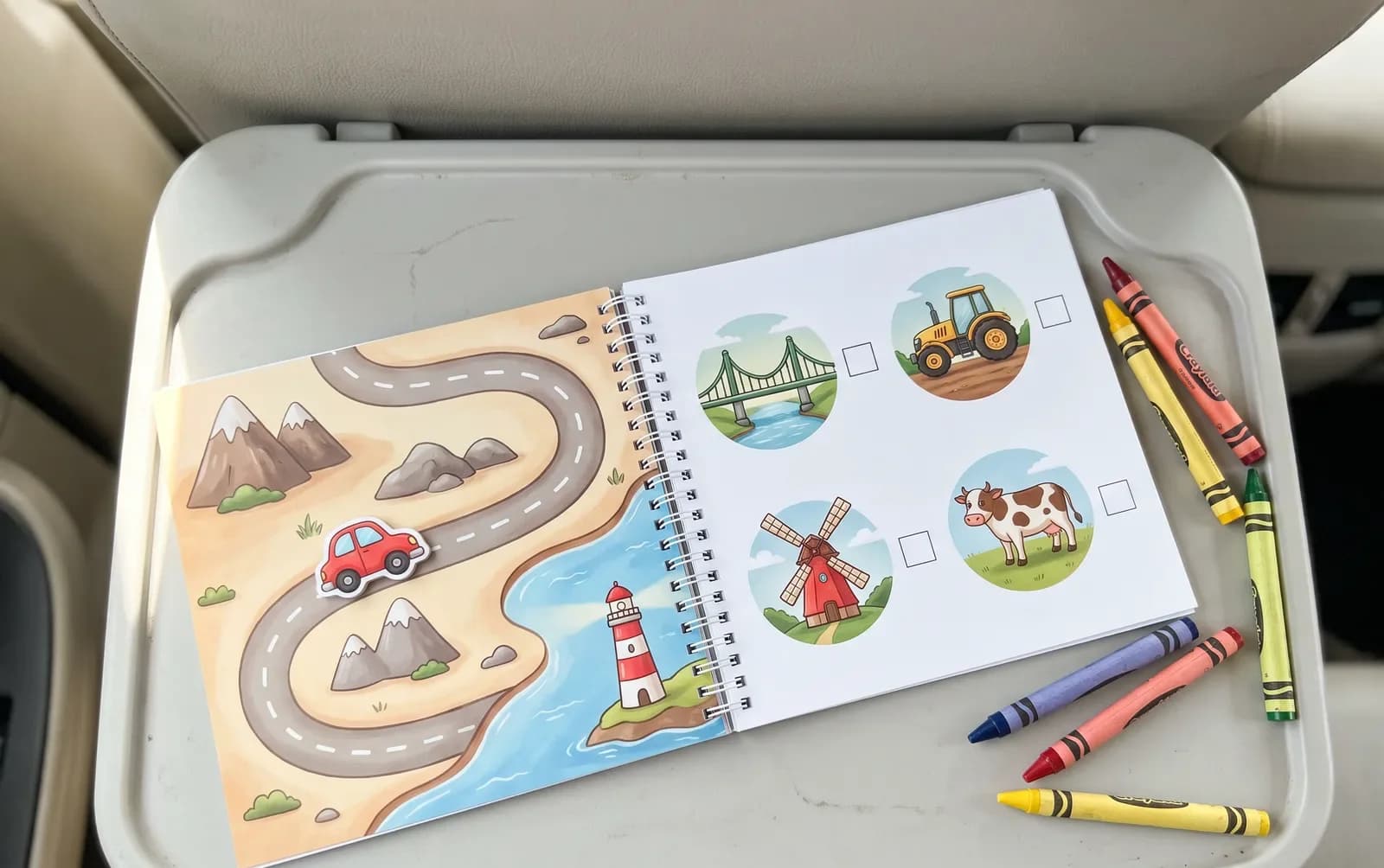 A travel activity book with a road trip map game and a spotting checklist