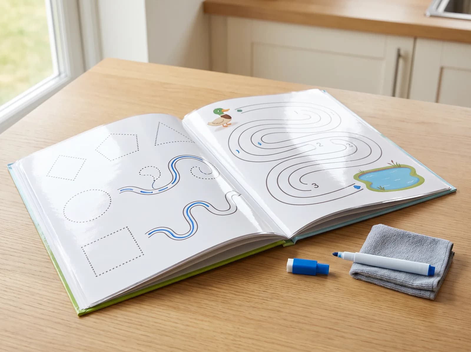 A wipe-clean activity book with a dry-erase marker, one tracing page half completed