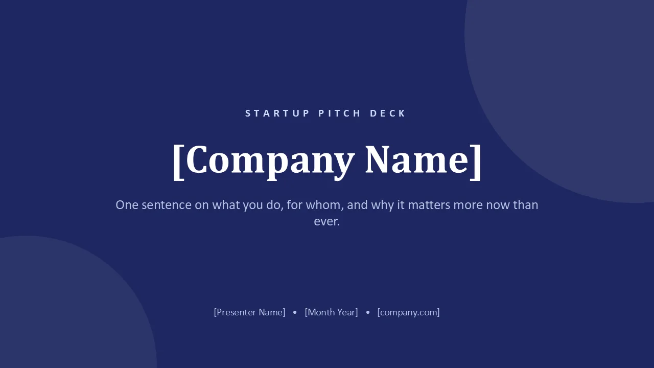Startup pitch deck template — cover slide