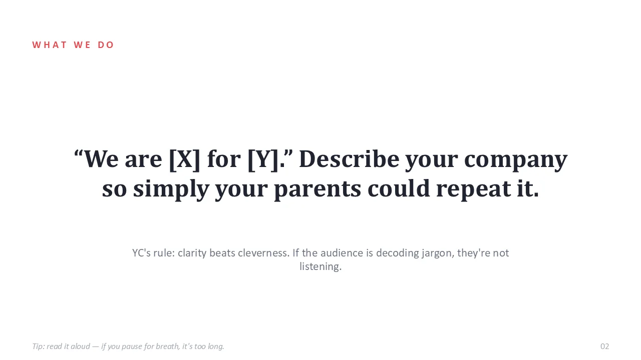 Y Combinator pitch deck template — sample slide 1