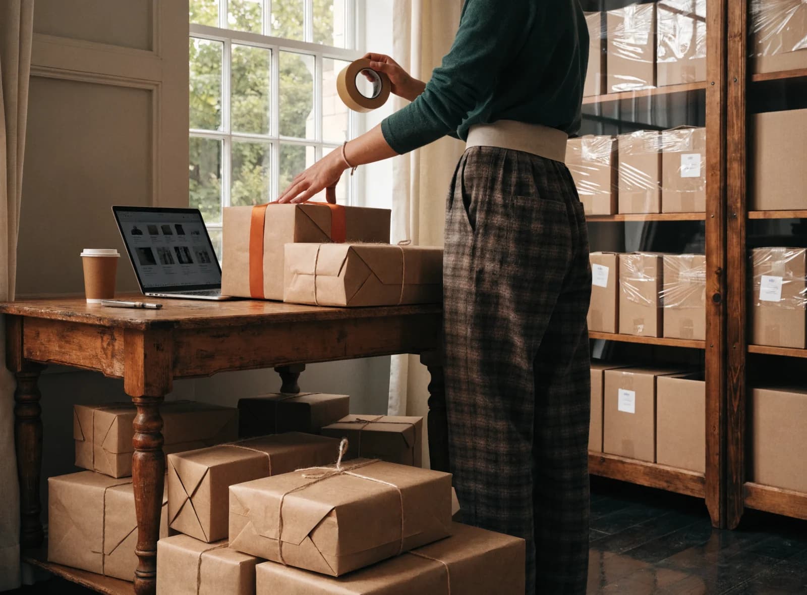 A small ecommerce packing table with parcels and a laptop showing shopping ad tiles